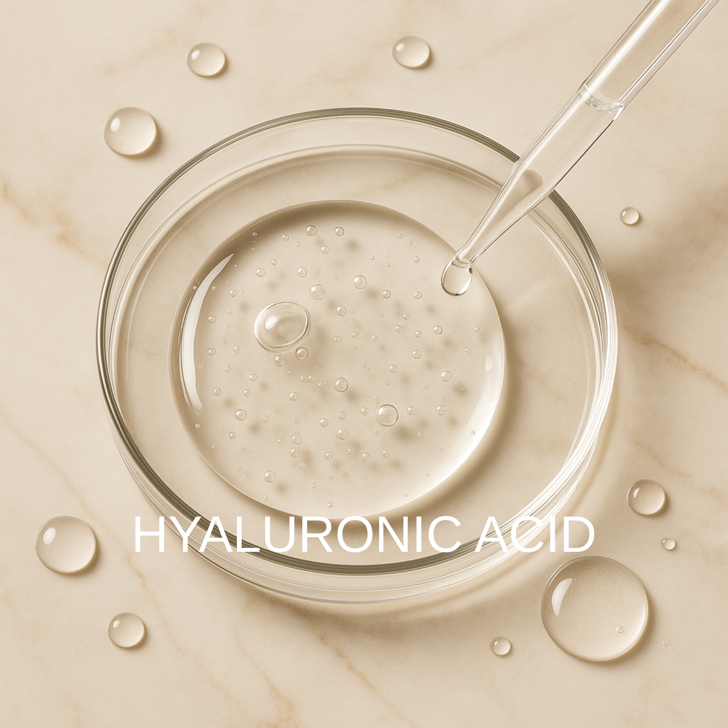 Hyaluronic acid serum in a glass container with dropper on a beige background