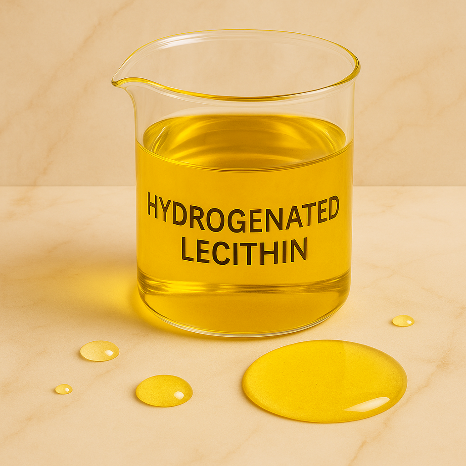 Beaker filled with yellow liquid labeled 'Hydrogenated Lecithin' on a beige background