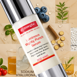 Gymsegbe Luminous Mighty Punch Serum bottle with natural ingredients on a beige background