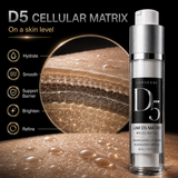 Gymsegbe D5 Cellular Matrix serum bottle shown next to a close-up of skin with water droplets and a circular magnified view of the serum's cellular effect. Text on the left lists benefits: Hydrate, Smooth, Support Barrier, Brighten, and Refine.