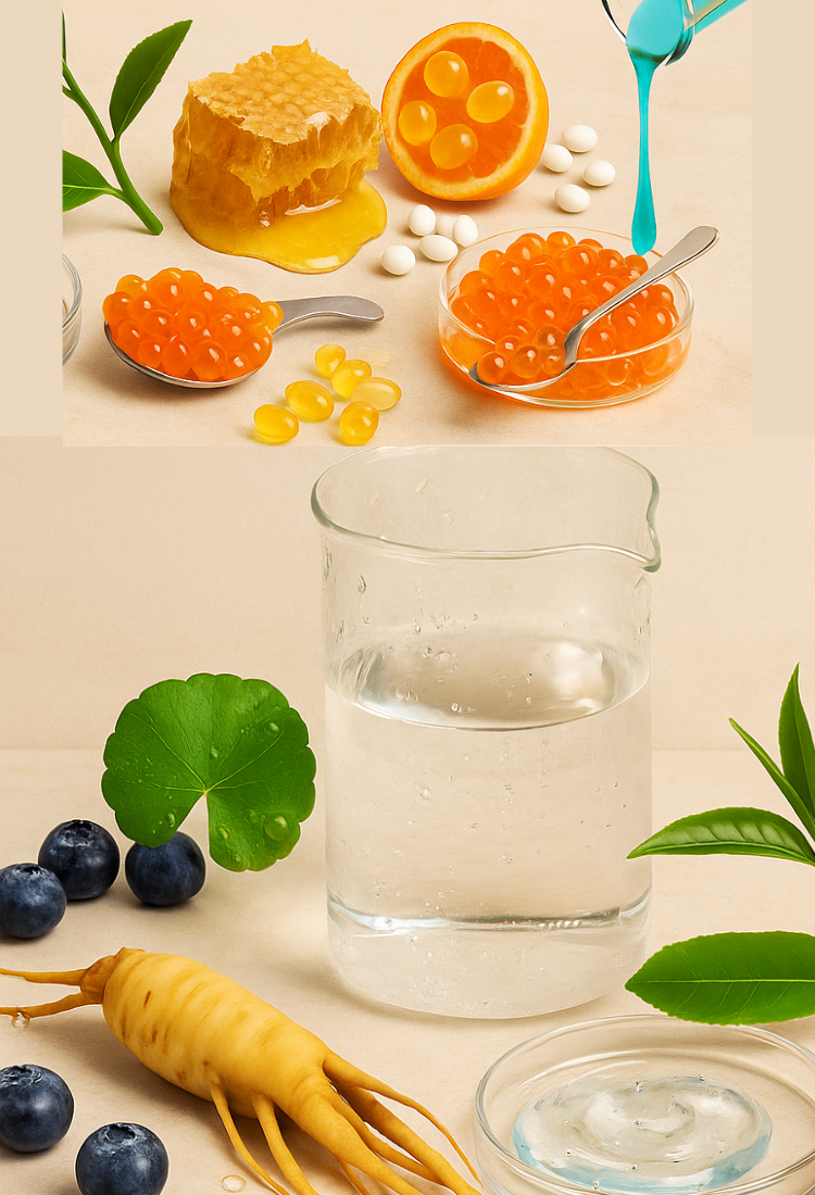 Glass beaker with water, surrounded by health-related items like berries, a honeycomb, and caviar on a beige background.