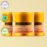 3 jars of neck cream on a light yellow background