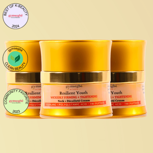 3 jars of neck cream on a light yellow background