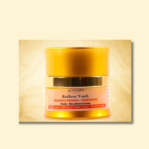 A jar of Resilient Youth Neck + Décolleté Cream with a gold and white label, placed on a beige background.
