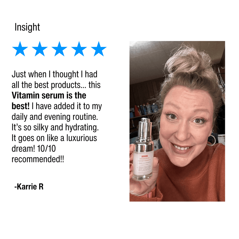 Person holding a vitamin serum with a five-star review text on the left.