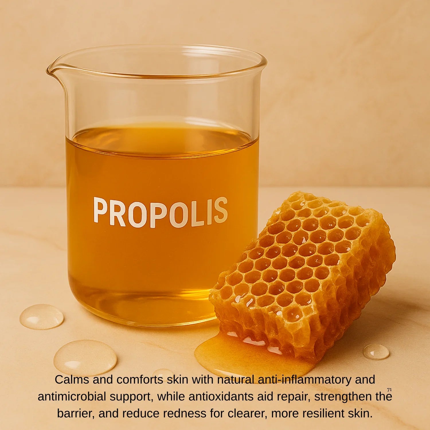 Beaker labeled 'Propolis' with honeycomb and honey on a beige background