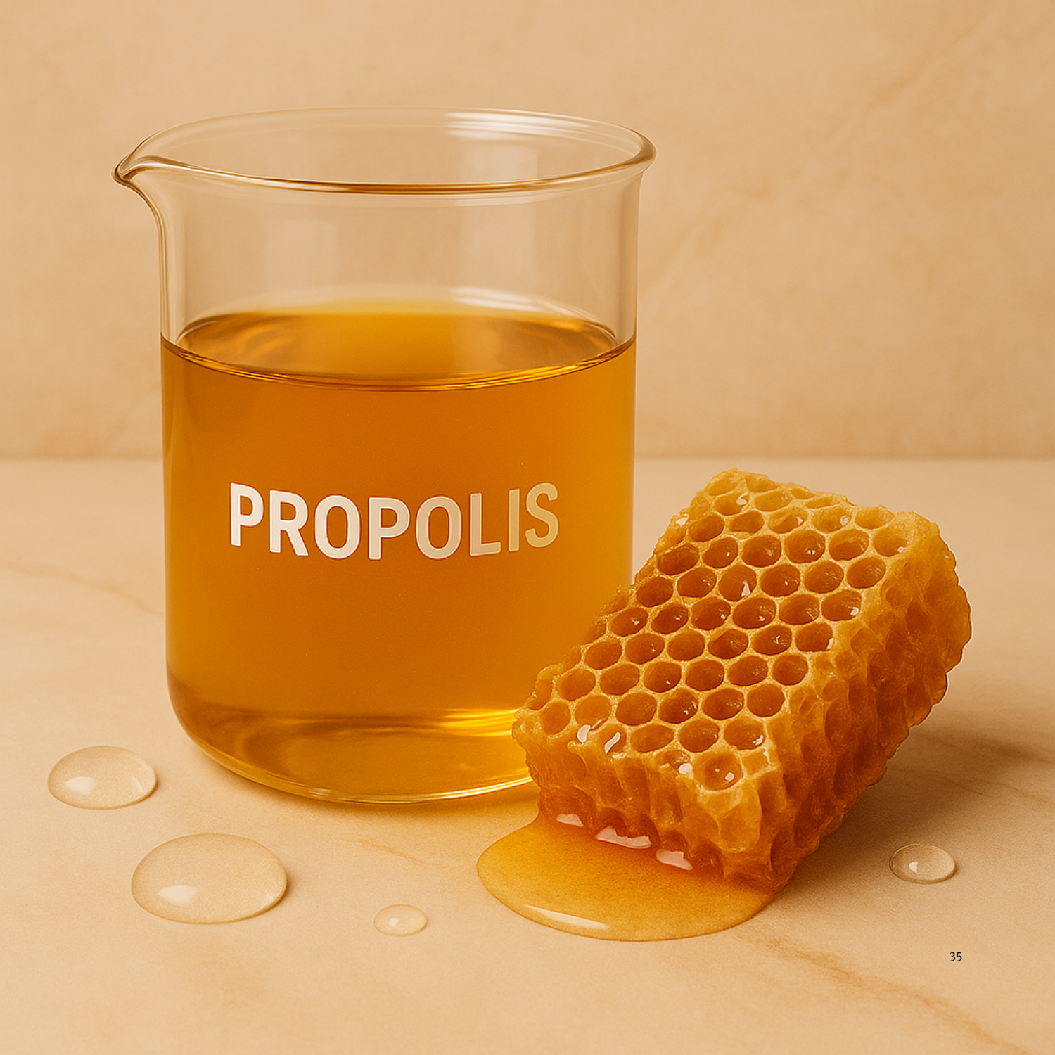 Glass labeled 'Propolis' with honeycomb and honey on a beige background
