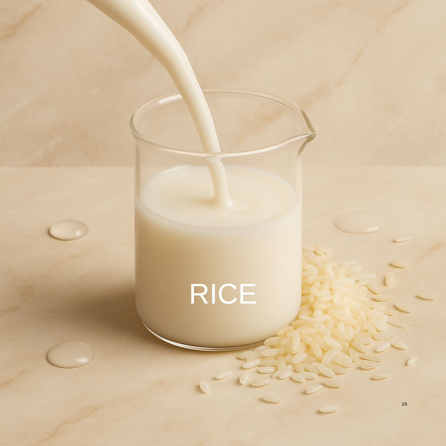 Rice milk being poured into a glass with rice grains on a beige background