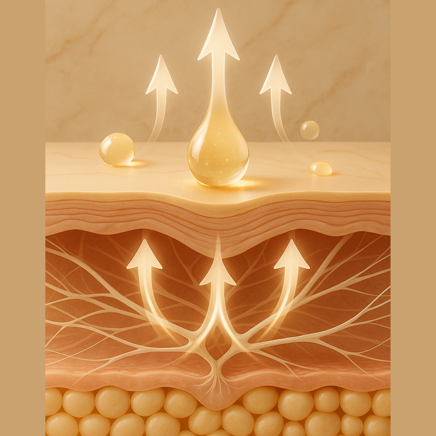 Illustration of skin layers with droplets and arrows indicating moisture absorption.