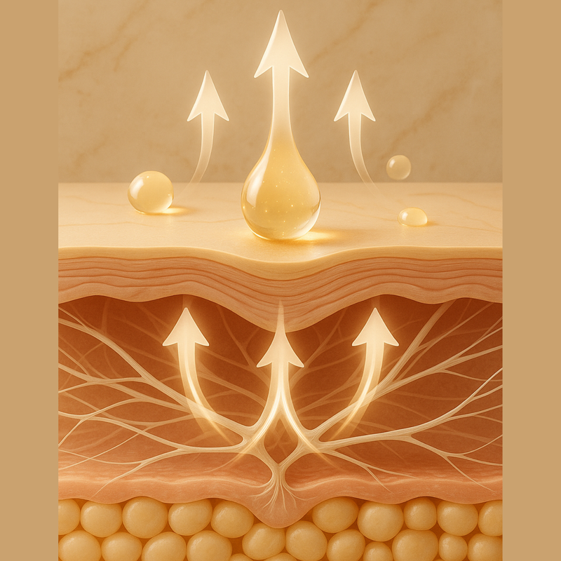 Illustration of skin layers with droplets and arrows indicating moisture absorption.
