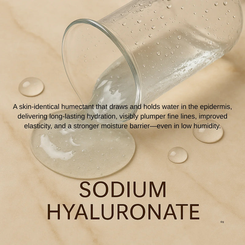 Glass container with water droplets on a beige background, featuring text about sodium hyaluronate.