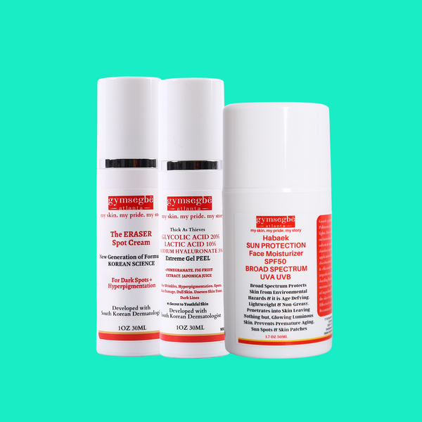 Three skincare products on a teal background
