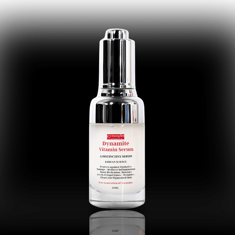 Skincare serum bottle labeled 'Dynamite Vitamin Serum' on a reflective black surface with a gradient background.