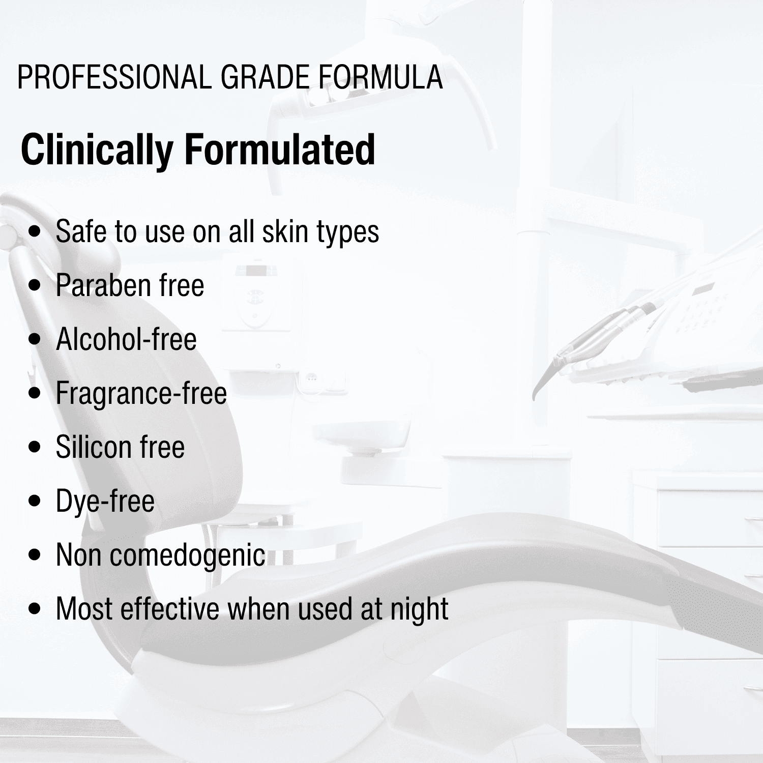 List of product features for a professional grade formula on a white background with abstract design.