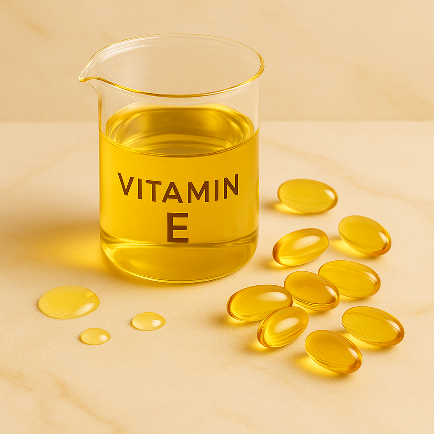 Vitamin E oil in a glass container with yellow capsules on a beige background