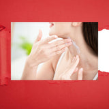 woman applying neck cream on her neck on a red and white background