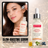 Gymsegbe Luminous Mighty Punch Serum with a woman applying it to her face.