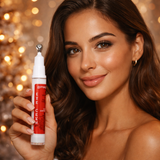 Woman holding the new gymsegbe eye cream oump bottle with the silver tip with a blurred warm background
