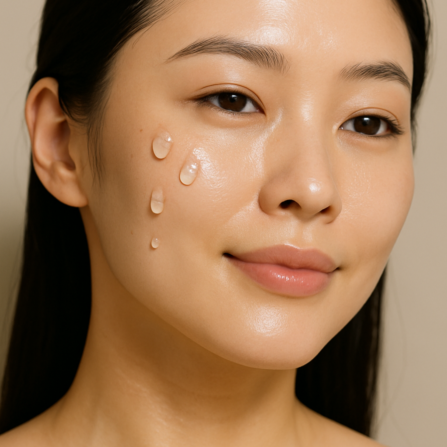 Woman with droplets of a skincare product on her face against a neutral background